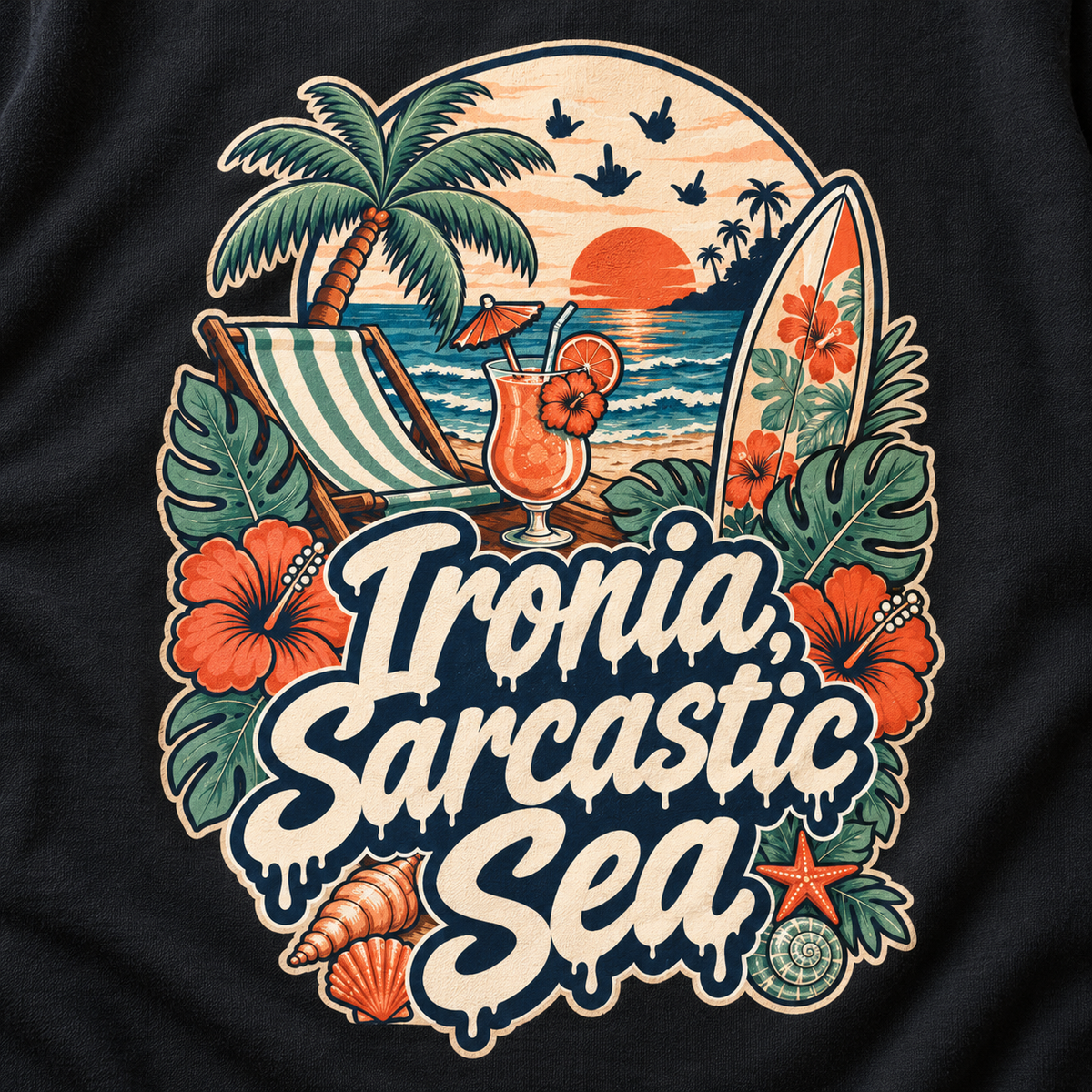 Print close-up of the "Ironia, Sarcastic Sea" retro beach T-shirt by SarcasmArt: vintage tropical beach badge with palm tree, striped deck chair, cocktail, surfboard, sunset, hibiscus flowers and shells around the script lettering Ironia, Sarcastic Sea.