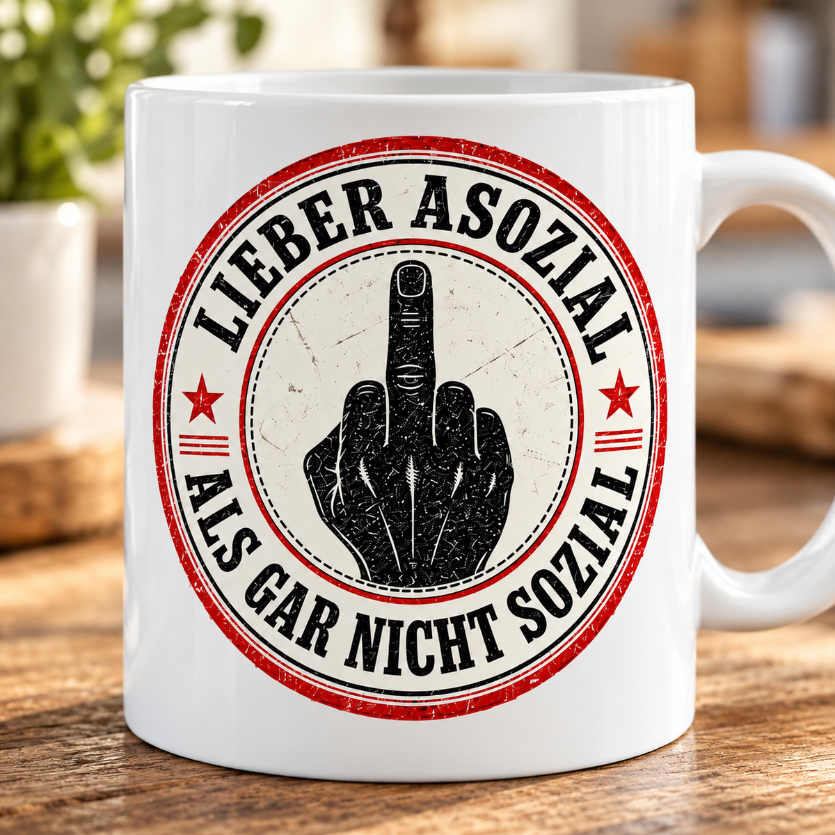 Print close-up of the "Lieber asozial als gar nicht sozial" middle finger coffee mug by SarcasmArt: round red-and-black badge with a middle finger hand and the German slogan LIEBER ASOZIAL ALS GAR NICHT SOZIAL on white glossy ceramic.