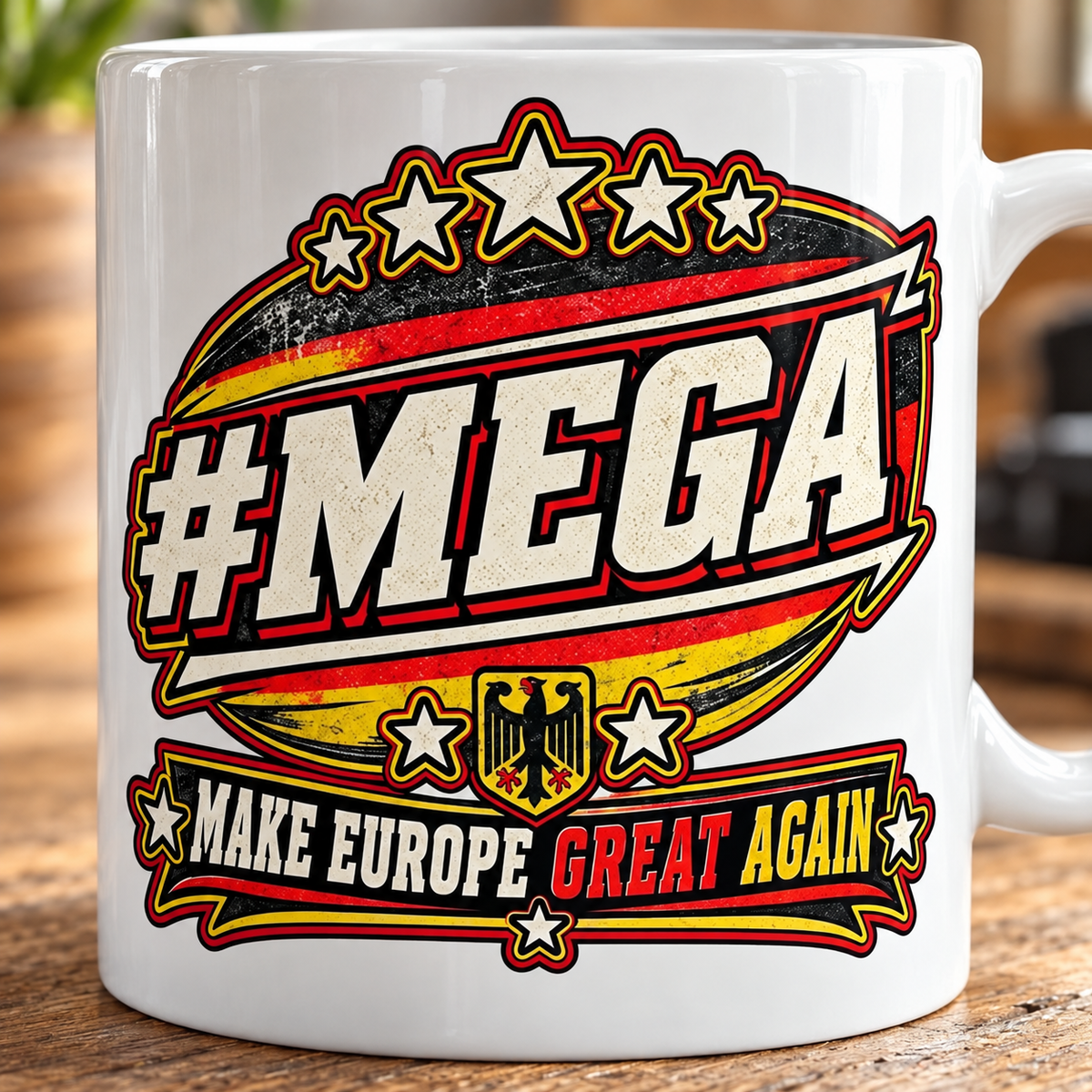 Print close-up of the "#MEGA Make Europe Great Again" Germany coffee mug by SarcasmArt: retro #MEGA badge in black-red-gold with stars, a German eagle shield and the banner MAKE EUROPE GREAT AGAIN on white glossy ceramic.