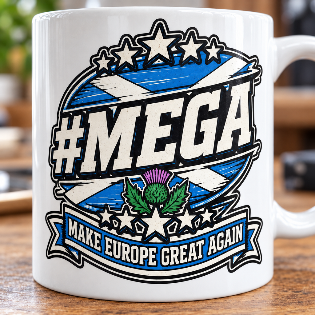 Print close-up of the "#MEGA Make Europe Great Again" Scotland coffee mug by SarcasmArt: #MEGA badge on a blue-and-white Scottish saltire with a purple thistle, stars and the banner MAKE EUROPE GREAT AGAIN on white glossy ceramic.