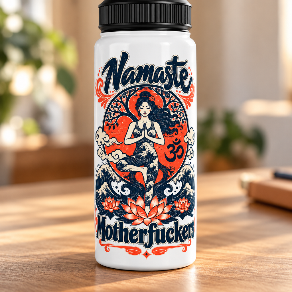 Print close-up of the "Namaste Motherfuckers" funny yoga water bottle by SarcasmArt: woman in tree pose before a red sun with om symbol, waves and lotus flowers between the script words Namaste and Motherfuckers on a white bottle.