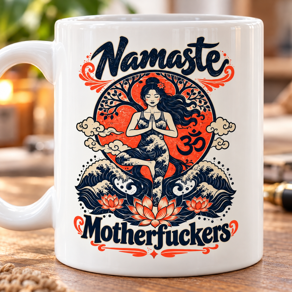 Print close-up of the "Namaste Motherfuckers" funny yoga coffee mug by SarcasmArt: woman in tree pose in front of a red sun with om symbol, waves and lotus flowers between the script words Namaste and Motherfuckers on white glossy ceramic.