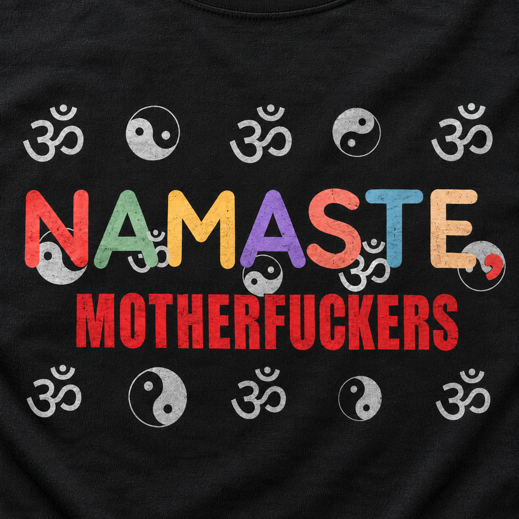 Print close-up of the "Namaste, Motherfuckers" funny yoga T-shirt by SarcasmArt in Black: multicolored NAMASTE lettering and red MOTHERFUCKERS framed by rows of om and yin-yang symbols.