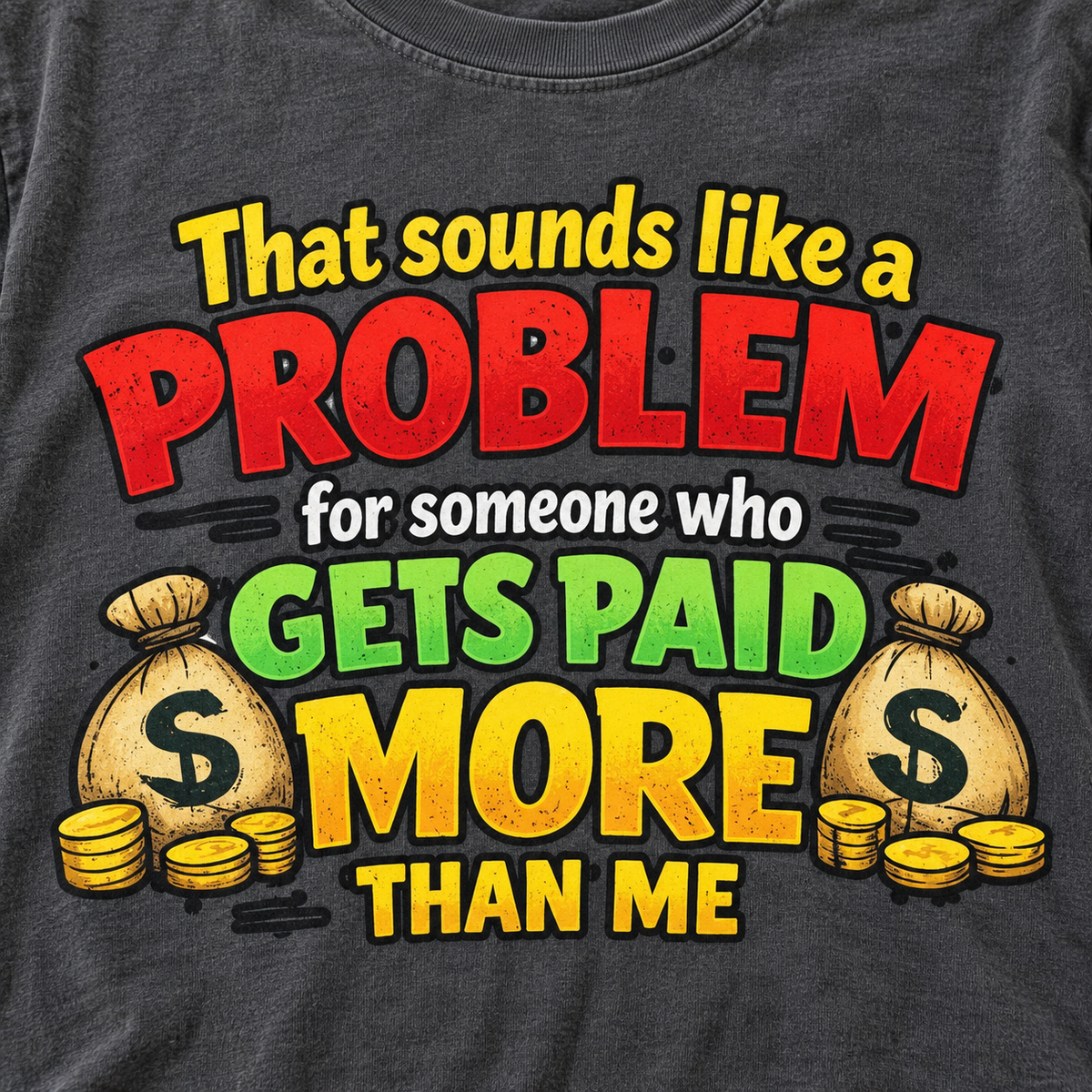 Print close-up of the "That Sounds Like a Problem for Someone Who Gets Paid More Than Me" sarcastic office T-shirt by SarcasmArt in Pepper: bold red, green and yellow lettering with gold money bags.