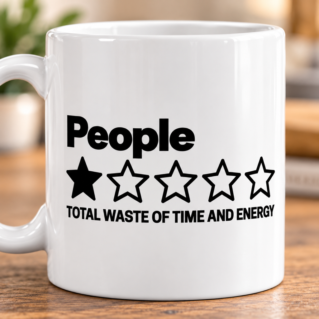 Print close-up of the "People – 1 Star, Total Waste of Time and Energy" sarcastic coffee mug by SarcasmArt: bold black People with a one-out-of-five star rating and TOTAL WASTE OF TIME AND ENERGY on white glossy ceramic.