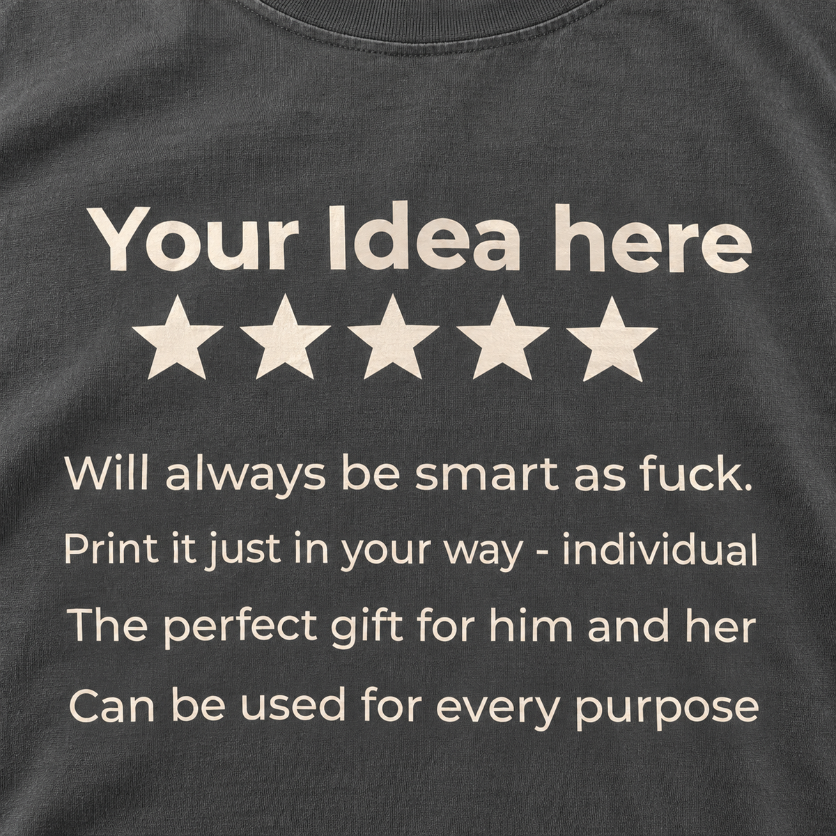 Print close-up of the personalized 5-star review T-shirt by SarcasmArt in Pepper: custom title Your Idea here, a five-star rating and four lines of example review text in cream-white – replace title and text with your own.