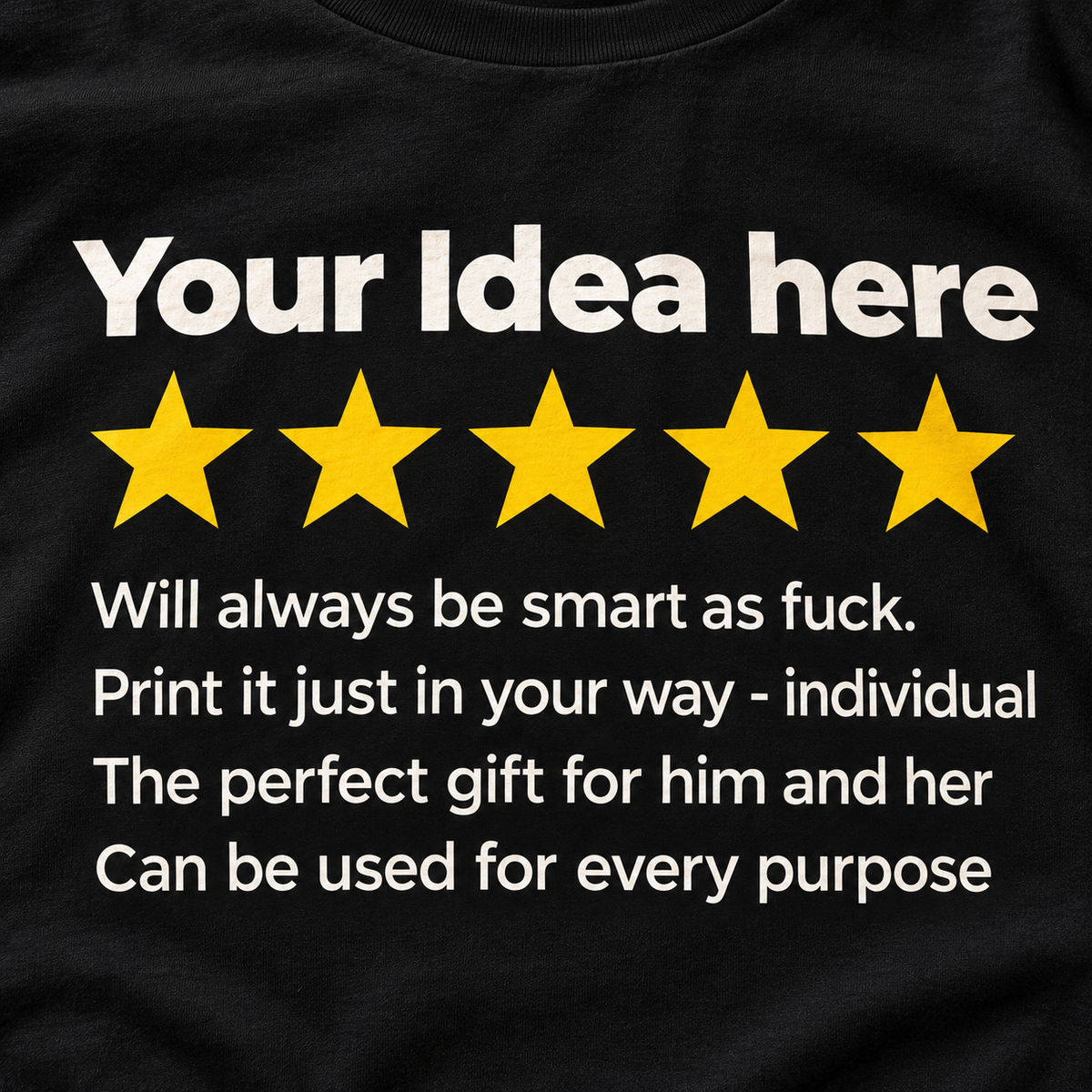 Print close-up of the personalized golden 5-star review T-shirt by SarcasmArt in Black: custom title Your Idea here, five golden stars and four lines of example review text in white – replace title and text with your own.