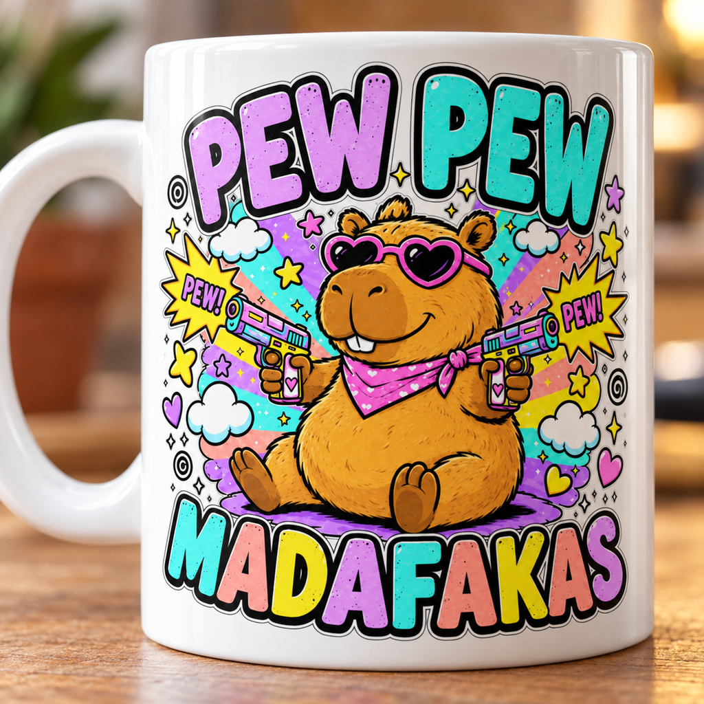 Print close-up of the "Pew Pew Madafakas" capybara coffee mug by SarcasmArt: capybara in heart sunglasses with two laser blasters, colorful clouds and sparkles and bold PEW PEW MADAFAKAS lettering on white glossy ceramic.