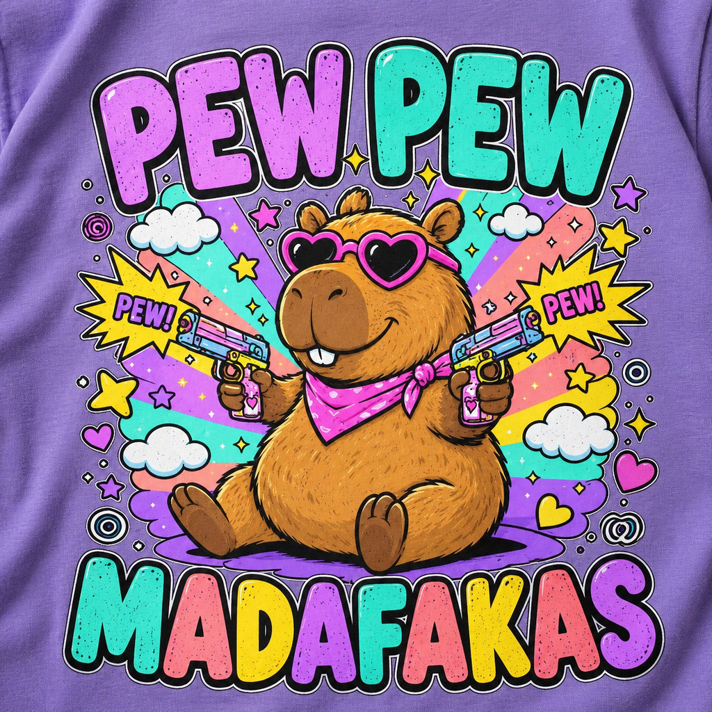 Print close-up of the "Pew Pew Madafakas" capybara meme T-shirt by SarcasmArt in Violet: capybara in heart sunglasses with two laser blasters, colorful clouds and sparkles and bold PEW PEW MADAFAKAS lettering.