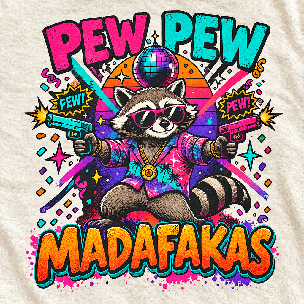Print close-up of the "Pew Pew Madafakas" raccoon meme T-shirt by SarcasmArt in Ivory: neon trash panda raccoon in sunglasses and a Hawaiian shirt under a disco ball with bold PEW PEW MADAFAKAS lettering in pink, teal and orange.