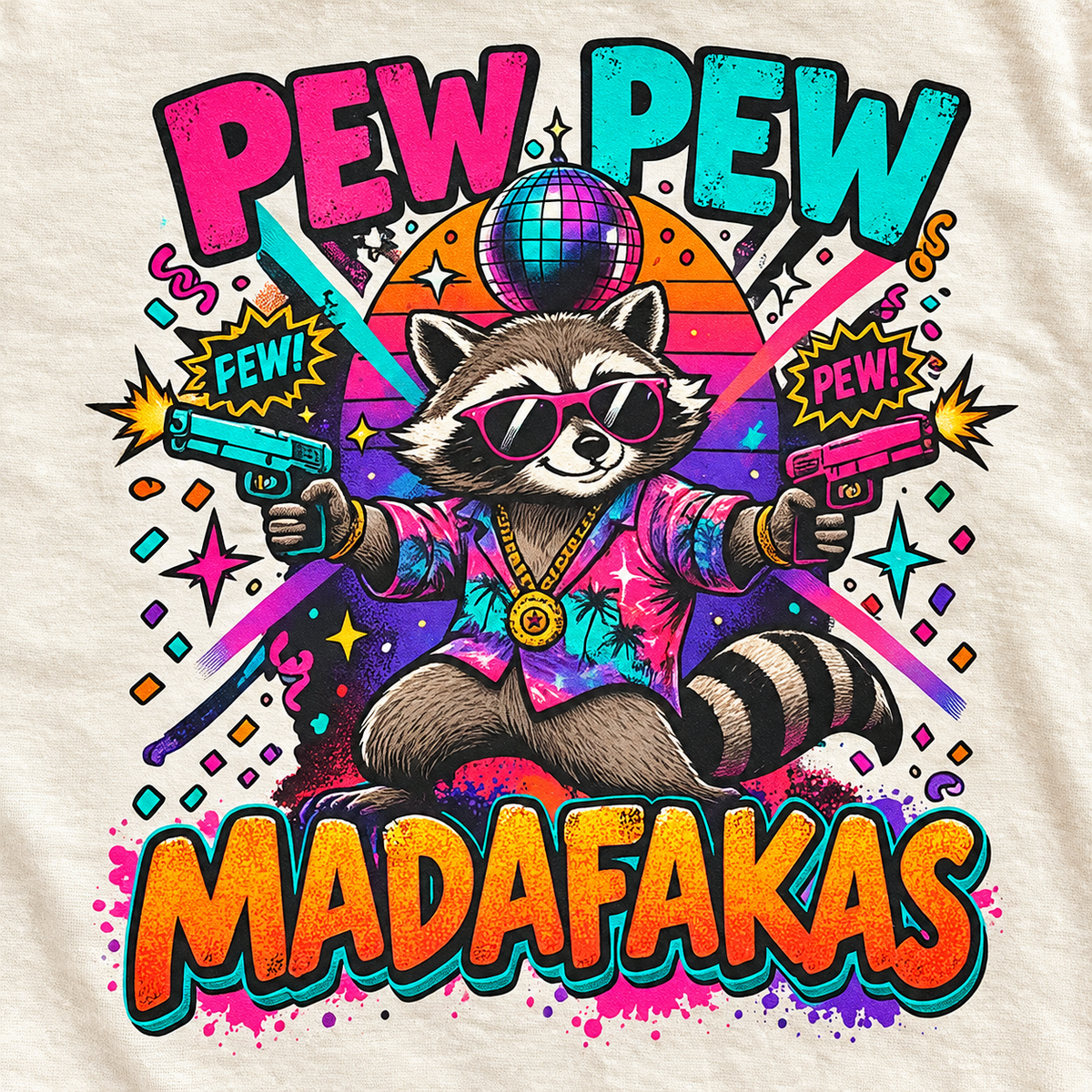Print close-up of the "Pew Pew Madafakas" raccoon meme T-shirt by SarcasmArt in Ivory: neon trash panda raccoon in sunglasses and a Hawaiian shirt under a disco ball with bold PEW PEW MADAFAKAS lettering in pink, teal and orange.