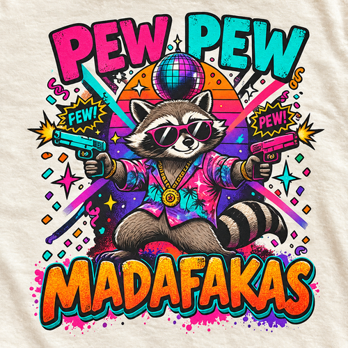 Print close-up of the "Pew Pew Madafakas" raccoon meme T-shirt by SarcasmArt in Ivory: neon trash panda raccoon in sunglasses and a Hawaiian shirt under a disco ball with bold PEW PEW MADAFAKAS lettering in pink, teal and orange.