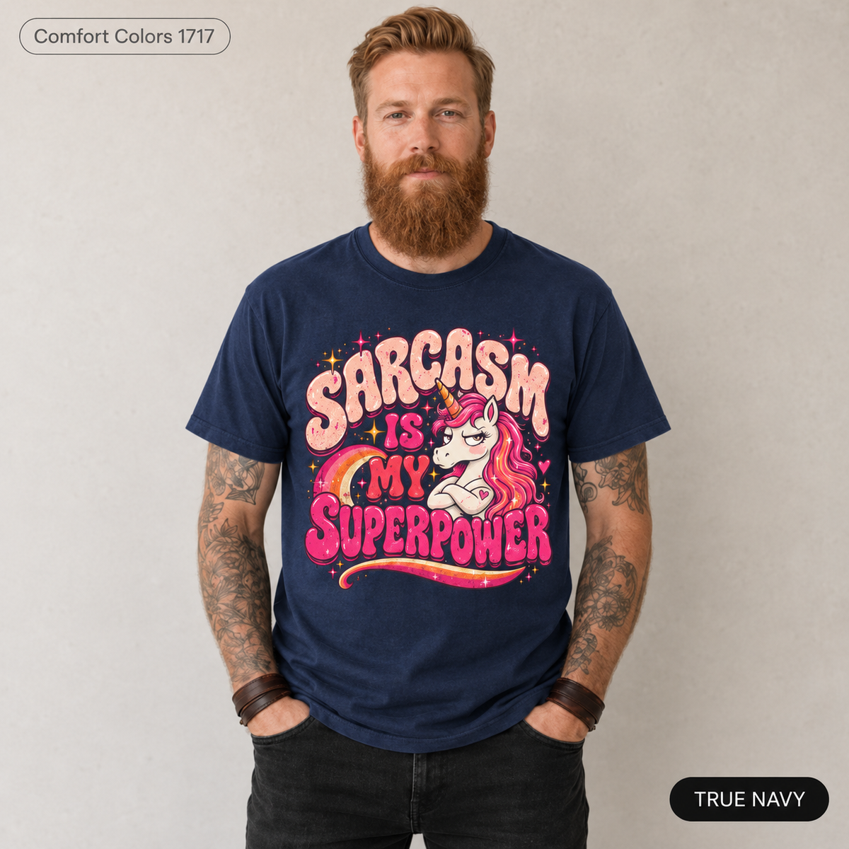Bearded man wearing the "Sarcasm Is My Superpower" unicorn T-shirt by SarcasmArt in True Navy.