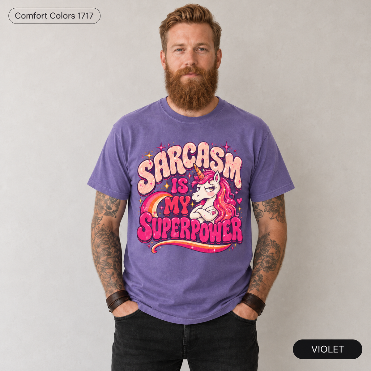 Bearded man wearing the "Sarcasm Is My Superpower" unicorn T-shirt by SarcasmArt in Violet (soft lavender purple).