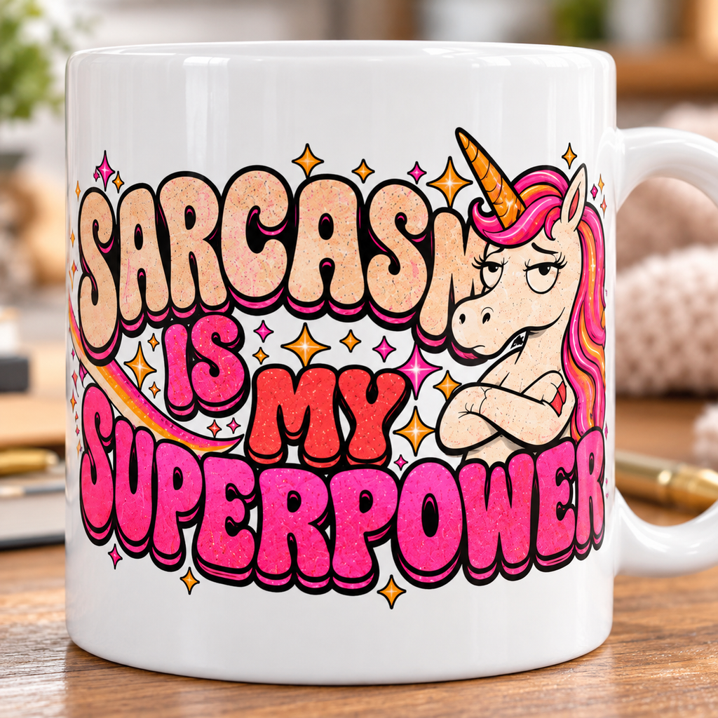 Print close-up of the "Sarcasm Is My Superpower" unicorn coffee mug by SarcasmArt: eye-rolling retro unicorn with a pink mane and bold pink and cream glitter lettering SARCASM IS MY SUPERPOWER on white glossy ceramic.