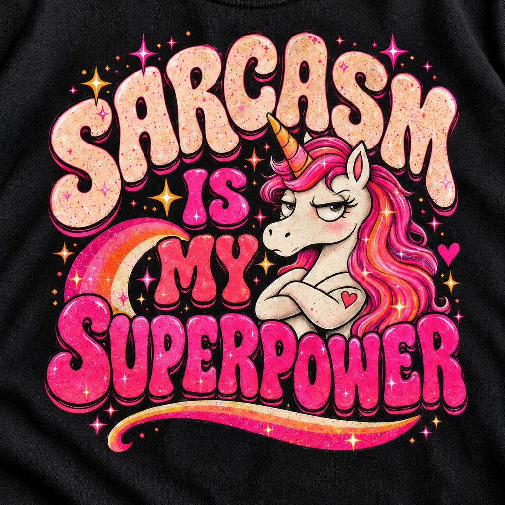 Print close-up of the "Sarcasm Is My Superpower" unicorn T-shirt by SarcasmArt in Black: eye-rolling retro unicorn with a pink mane, rainbow swoosh and bold pink and cream glitter lettering SARCASM IS MY SUPERPOWER.