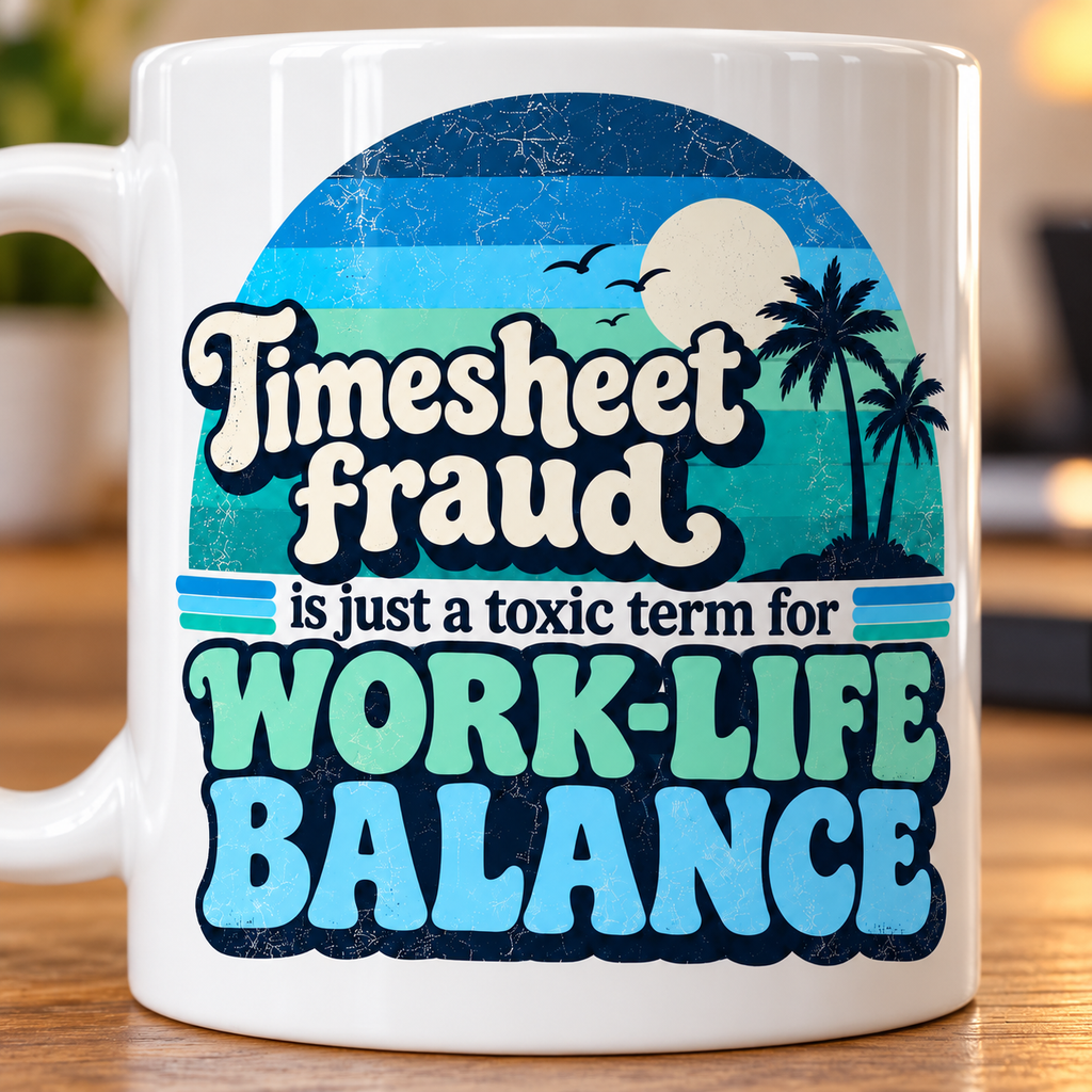 Print close-up of the "Timesheet Fraud" work-life balance coffee mug by SarcasmArt: retro sunset badge with palm trees, Timesheet fraud script and bold turquoise WORK-LIFE BALANCE lettering on white glossy ceramic.