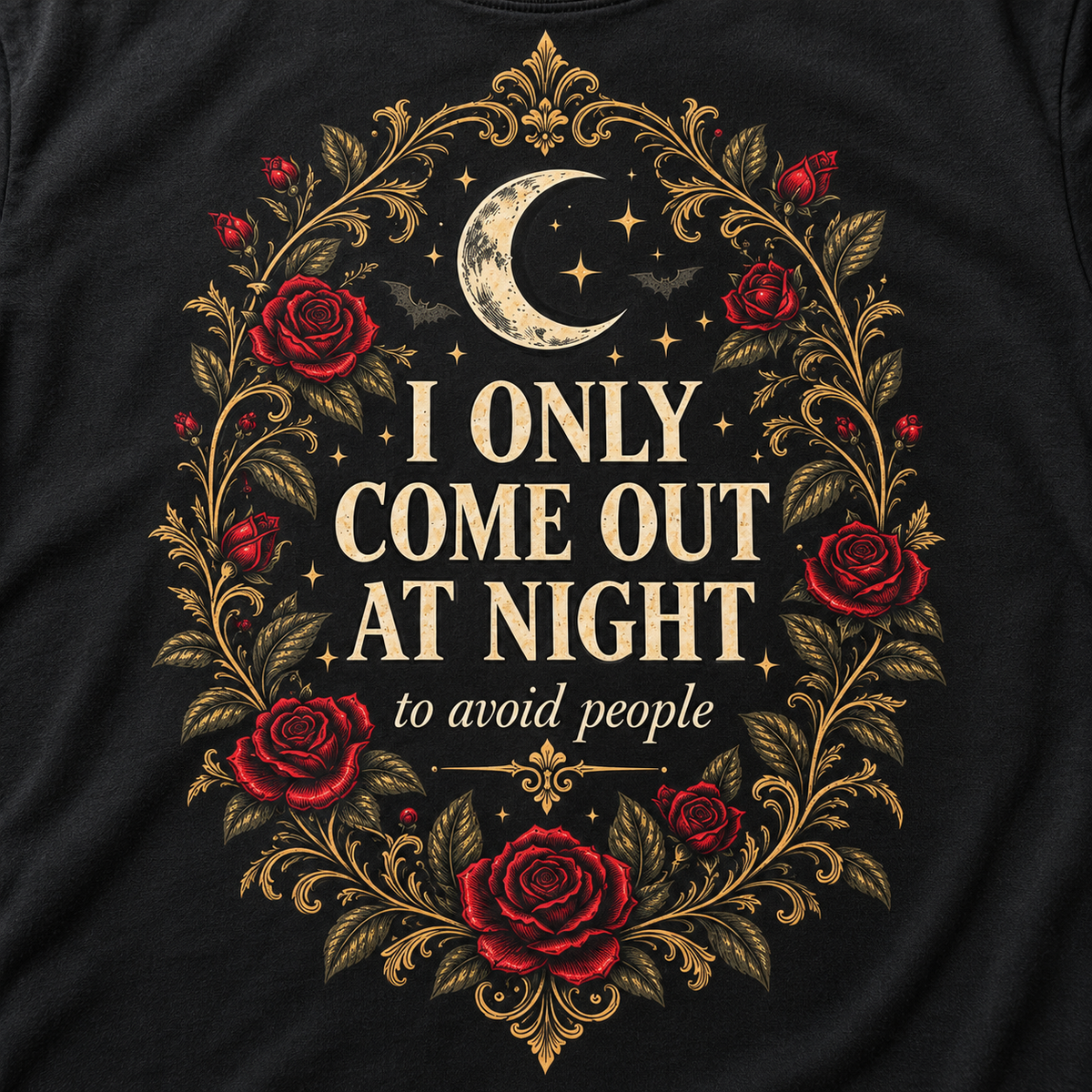 Print close-up of the "I Only Come Out at Night to Avoid People" romantic gothic vampire T-shirt by SarcasmArt in Black: crescent moon, bats and a wreath of red roses and golden vines around cream serif lettering.